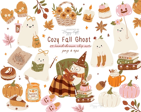 Cozy Fall Ghost Cliparts - Autumn Ghost Clipart - Ghost Bookish  - Fall Cliparts - Cozy Autumn - Cozy bookish - Spooky cliparts U00277