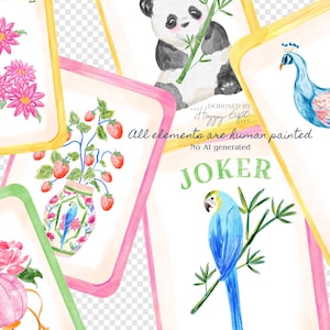 K&ouml;nnte beinhalten: Eine Sammlung von Aquarell-Spielkarten mit verschiedenen Illustrationen. Die Karten zeigen einen Panda, einen Pfau, einen Papagei, Blumen und Erdbeeren. Jede Karte hat ein einzigartiges Design mit einem farbenfrohen Rand und dem Wort "JOKER" auf einer Karte.