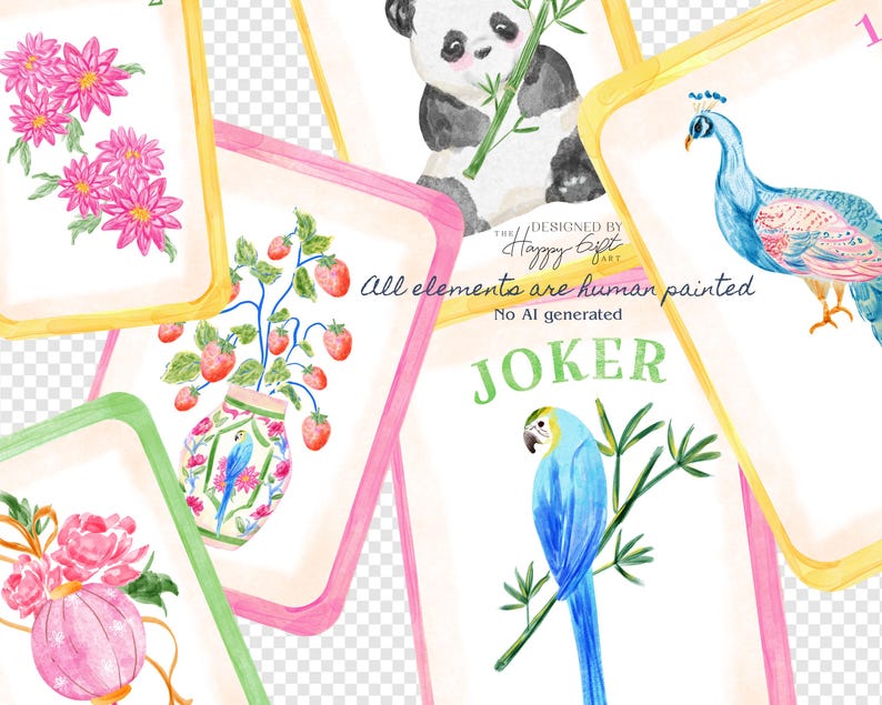 K&ouml;nnte beinhalten: Eine Sammlung von Aquarell-Spielkarten mit verschiedenen Illustrationen. Die Karten zeigen einen Panda, einen Pfau, einen Papagei, Blumen und Erdbeeren. Jede Karte hat ein einzigartiges Design mit einem farbenfrohen Rand und dem Wort "JOKER" auf einer Karte.