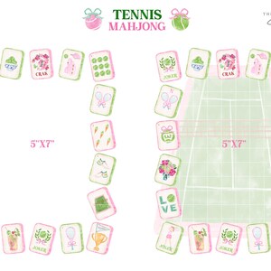 May include: Watercolor illustration of Tennis Mahjong tiles with pink and green accents. The tiles are arranged around a tennis court graphic and a blank space. The text "Tennis Mahjong" is at the top.
