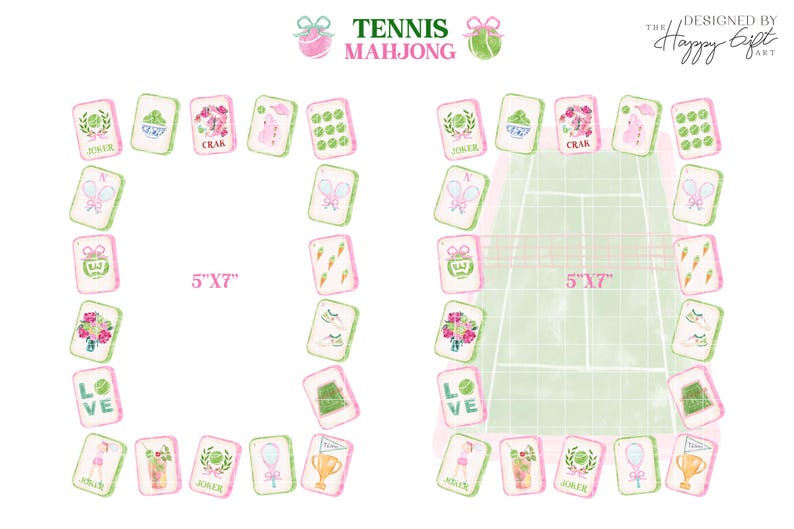 May include: Watercolor illustration of Tennis Mahjong tiles with pink and green accents. The tiles are arranged around a tennis court graphic and a blank space. The text "Tennis Mahjong" is at the top.