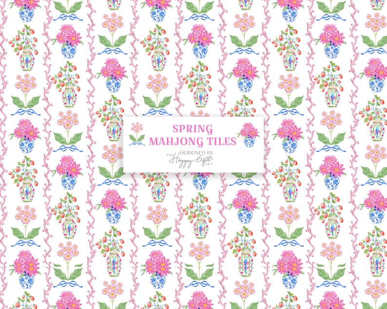 K&ouml;nnte beinhalten: Ein sich wiederholendes Muster aus Blumenarrangements und dekorativen Elementen auf wei&szlig;em Hintergrund. Das Design umfasst rosa Blumen, blau-wei&szlig;e Vasen und rosa Ranken. Der Text "SPRING MAHJONG TILES" wird in einem wei&szlig;en Rechteck angezeigt.