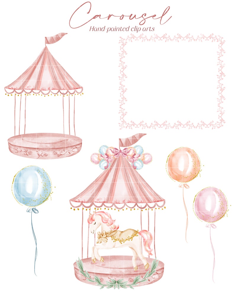 Pink Carousel With Horse Watercolor Cliparts Balloons Clipart Birthday ...