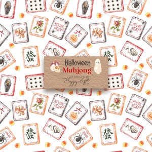 May include: A pattern of Halloween-themed Mahjong tiles and candy corn on a white background. The tiles feature spooky illustrations of spiders, coffins, pumpkins, and dragons. A brown card reads "Halloween Mahjong" and "Designed by Happy Eight".