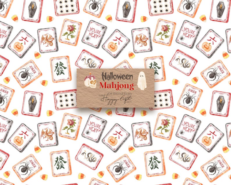 May include: A pattern of Halloween-themed Mahjong tiles and candy corn on a white background. The tiles feature spooky illustrations of spiders, coffins, pumpkins, and dragons. A brown card reads "Halloween Mahjong" and "Designed by Happy Eight".