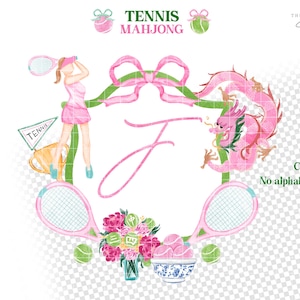 May include: Watercolor illustration with a tennis theme. Features a pink dragon, tennis rackets, tennis balls, and a floral arrangement. The word "Tennis Mahjong" is at the top. A woman in a tennis outfit is also included.