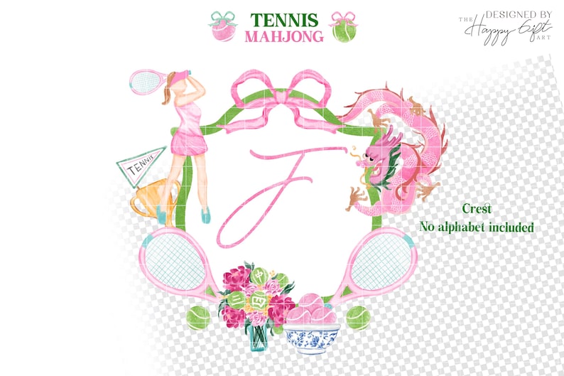 May include: Watercolor illustration with a tennis theme. Features a pink dragon, tennis rackets, tennis balls, and a floral arrangement. The word "Tennis Mahjong" is at the top. A woman in a tennis outfit is also included.