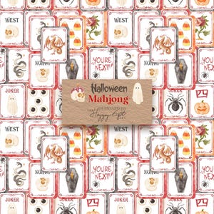 May include: A collection of Halloween-themed Mahjong tiles. The tiles feature watercolor illustrations of skulls, ghosts, spiders, dragons, and pumpkins. The text on the tiles includes "WEST", "YOU'RE NEXT", and "JOKER". A central card reads "Halloween Mahjong".