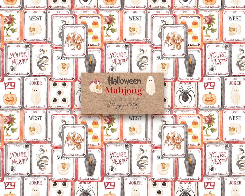May include: A collection of Halloween-themed Mahjong tiles. The tiles feature watercolor illustrations of skulls, ghosts, spiders, dragons, and pumpkins. The text on the tiles includes "WEST", "YOU'RE NEXT", and "JOKER". A central card reads "Halloween Mahjong".