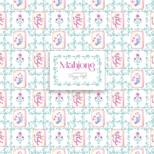 Pu&ograve; includere: Un motivo ripetuto di tessere di Mahjong, fiori e uccelli su sfondo bianco. Le tessere presentano illustrazioni rosa e rosse. Il testo "Mahjong" &egrave; visualizzato in un carattere decorativo, con "Designed by Happy Eight" sotto.