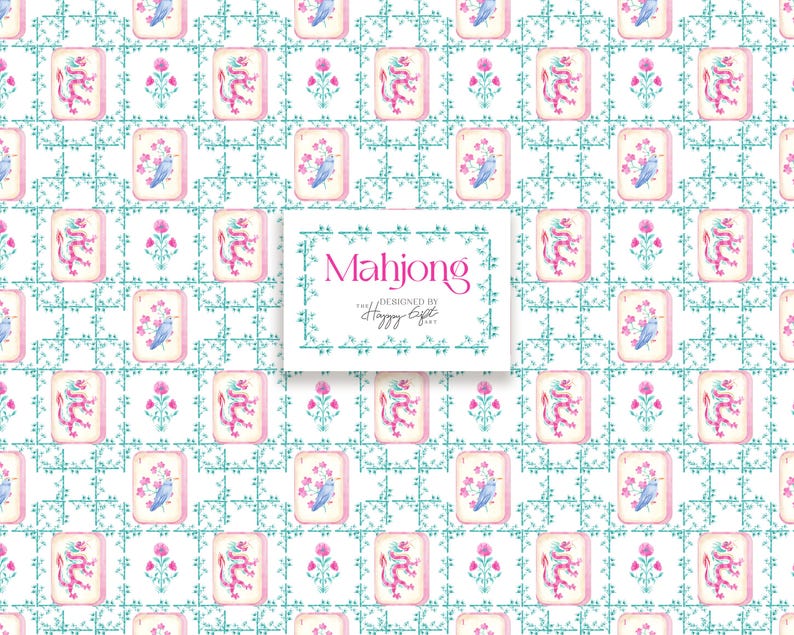 Pu&ograve; includere: Un motivo ripetuto di tessere di Mahjong, fiori e uccelli su sfondo bianco. Le tessere presentano illustrazioni rosa e rosse. Il testo "Mahjong" &egrave; visualizzato in un carattere decorativo, con "Designed by Happy Eight" sotto.