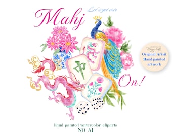 May include: Watercolor illustration featuring the word "Mahj" in pink script, with a peacock, flowers, and Mahjong tiles. The image includes a pink dragon, dice, and the text "Let's get our Mahj On!" and "Hand painted watercolor cliparts NO AI."