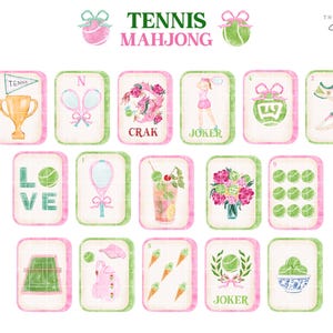 May include: Watercolor illustration of Tennis Mahjong tiles. Each tile features tennis-themed imagery, including tennis balls, rackets, trophies, and floral arrangements. The color palette includes pink, green, and gold accents.
