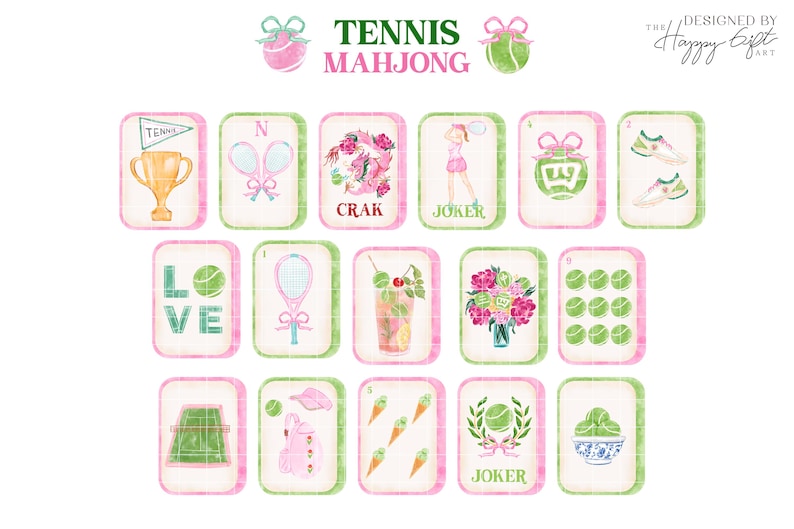 May include: Watercolor illustration of Tennis Mahjong tiles. Each tile features tennis-themed imagery, including tennis balls, rackets, trophies, and floral arrangements. The color palette includes pink, green, and gold accents.