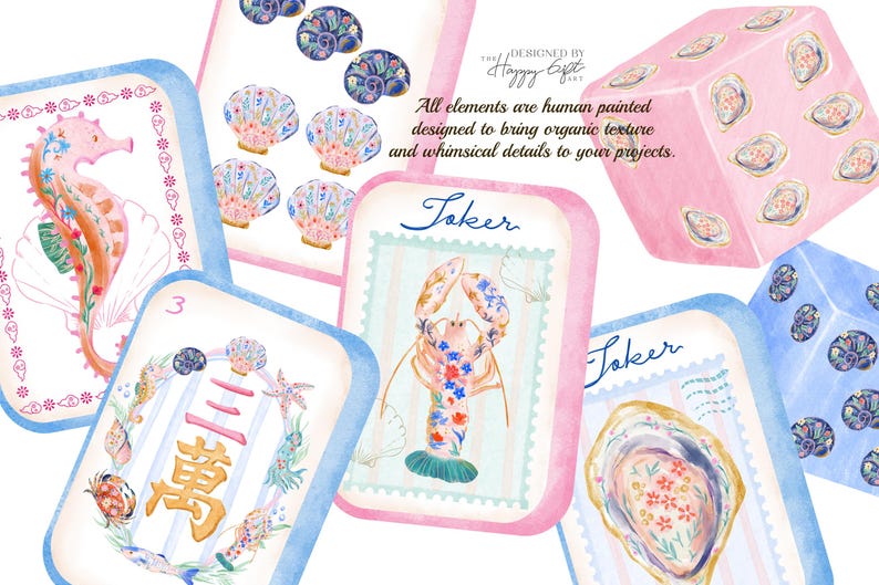 Imágenes prediseñadas de Mahjong con estilo costero - Imágenes prediseñadas PNG de fichas de Mahjong americano - Mahjong con motivos florales y marinos - Papel digital de Mahjong (descarga digital) imagen 5