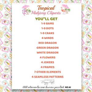 May include: A digital art set of tropical Mahjong cliparts. The image features a white background with a list of elements, including Bams, Dots, Craks, Winds, Dragons, Flowers, Jokers, Frames, and seamless patterns. The design includes flamingo and palm tree illustrations.
