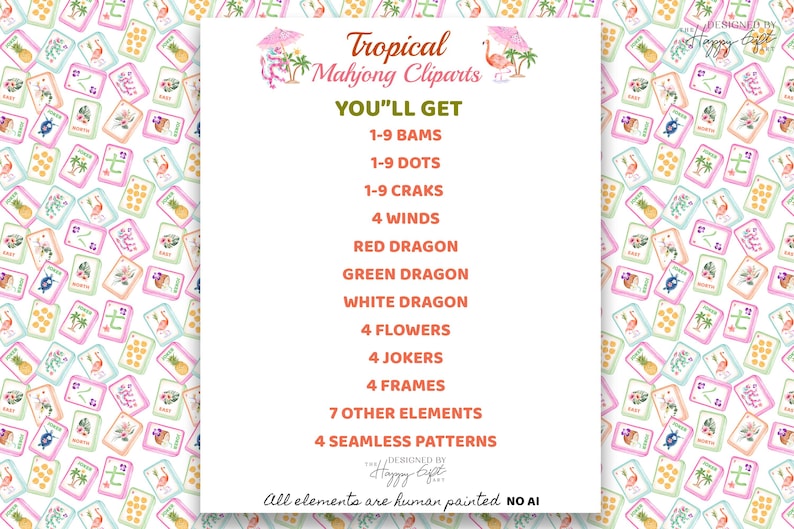 May include: A digital art set of tropical Mahjong cliparts. The image features a white background with a list of elements, including Bams, Dots, Craks, Winds, Dragons, Flowers, Jokers, Frames, and seamless patterns. The design includes flamingo and palm tree illustrations.