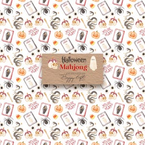 May include: A white background with a repeating pattern of Halloween-themed illustrations. The pattern includes skulls, spiders, snakes, pumpkins, playing cards, and candy corn. A central card reads "Halloween Mahjong".
