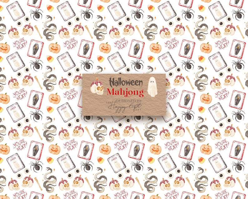 May include: A white background with a repeating pattern of Halloween-themed illustrations. The pattern includes skulls, spiders, snakes, pumpkins, playing cards, and candy corn. A central card reads "Halloween Mahjong".