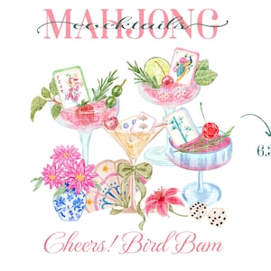 Watercolor Mahjong clipart - Mahjong cocktails clipart - Mahjong cocktail napkin design PNG digital download - Mahjong tiles Cheers bird bam image 5