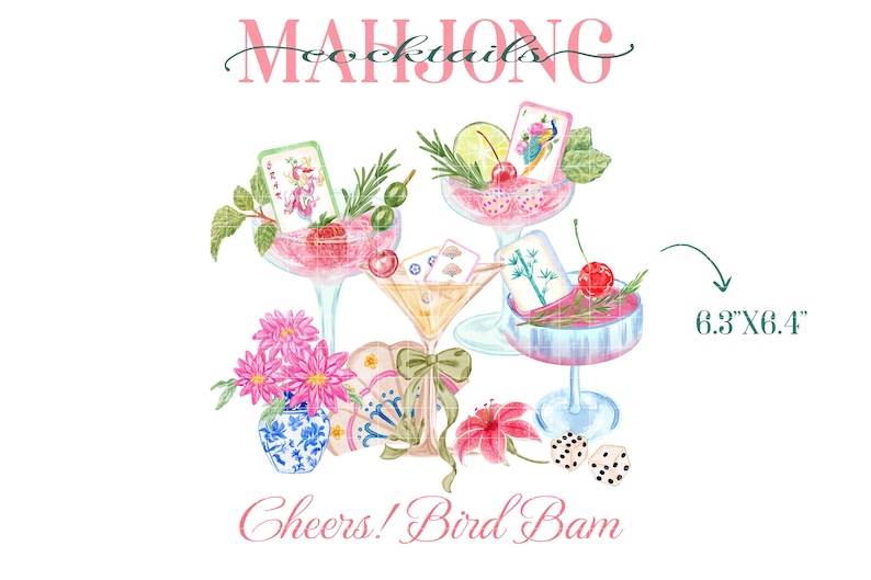 Watercolor Mahjong clipart - Mahjong cocktails clipart - Mahjong cocktail napkin design PNG digital download - Mahjong tiles Cheers bird bam image 5
