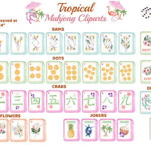 May include: Watercolor illustration of a tropical-themed Mahjong set. The set includes tiles with Bams, Dots, Craks, Winds, Dragons, Flowers, and Jokers. Each tile is saved at 2.9" x 4". The image also includes dice and a flamingo.