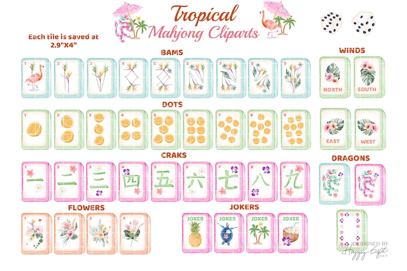 May include: Watercolor illustration of a tropical-themed Mahjong set. The set includes tiles with Bams, Dots, Craks, Winds, Dragons, Flowers, and Jokers. Each tile is saved at 2.9" x 4". The image also includes dice and a flamingo.
