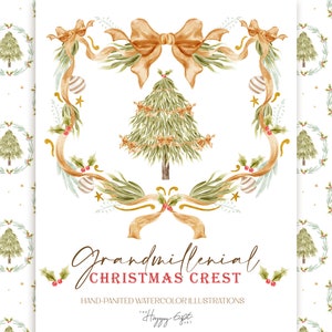 Grandmillennial Christmas crest  DIY watercolor clipart Vintage bow Christmas frame clipart Digital papers U00233
