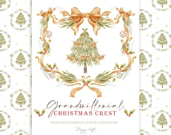 Grandmillennial Christmas crest  DIY watercolor clipart Vintage bow Christmas frame clipart Digital papers U00233