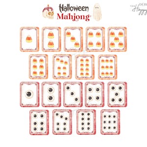 May include: A set of Halloween-themed Mahjong tiles. The tiles feature candy corn and eyeball designs. The text "Halloween Mahjong" is at the top. The design is in watercolor style with a white background.