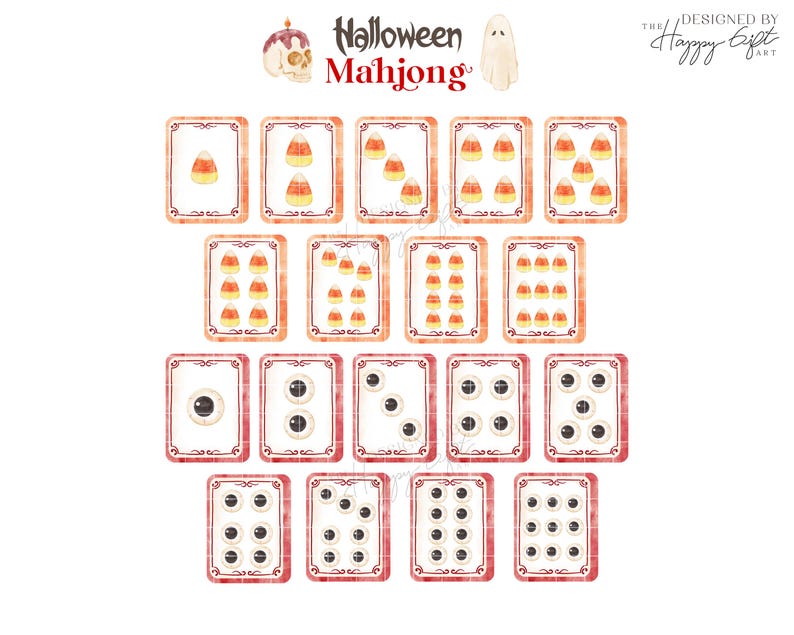 May include: A set of Halloween-themed Mahjong tiles. The tiles feature candy corn and eyeball designs. The text "Halloween Mahjong" is at the top. The design is in watercolor style with a white background.