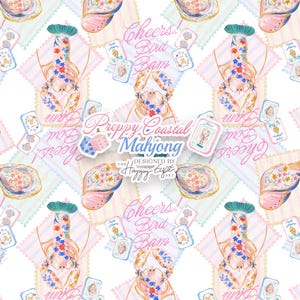 Puede incluir: Un patr&oacute;n repetitivo con ilustraciones en acuarela de langostas con detalles florales, conchas marinas y el texto Cheers! Bird Bam. En el centro, un logotipo dice Preppy Coastal Mahjong Designed by The Happy Gift Art con dados.