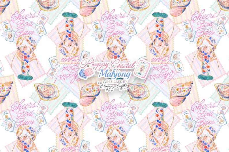 Puede incluir: Un patr&oacute;n repetitivo con ilustraciones en acuarela de langostas con detalles florales, conchas marinas y el texto Cheers! Bird Bam. En el centro, un logotipo dice Preppy Coastal Mahjong Designed by The Happy Gift Art con dados.