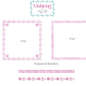 Pu&ograve; includere: Cornici e bordi rosa e bianchi con il testo "Mahjong" e "Frames & Borders". Le cornici quadrate misurano 15x15 cm. I bordi presentano disegni di nuvole e fiori.
