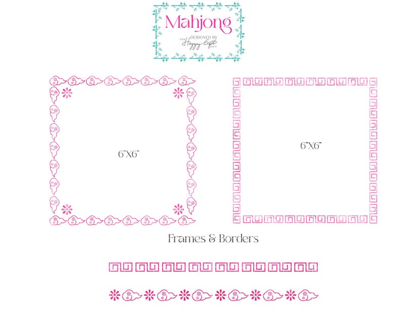 Pu&ograve; includere: Cornici e bordi rosa e bianchi con il testo "Mahjong" e "Frames & Borders". Le cornici quadrate misurano 15x15 cm. I bordi presentano disegni di nuvole e fiori.