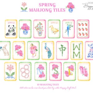 K&ouml;nnte beinhalten: Aquarellillustration von 19 Fr&uuml;hlings-Mahjong-Kacheln. Jede Kachel hat ein einzigartiges Design, darunter ein Panda, Blumen, eine Ente, ein Papagei, Erdbeeren, ein Kaninchen, ein Pfau und die Buchstaben W, M, N, S, E und J. Der Text "SPRING MAHJONG TILES" steht oben.