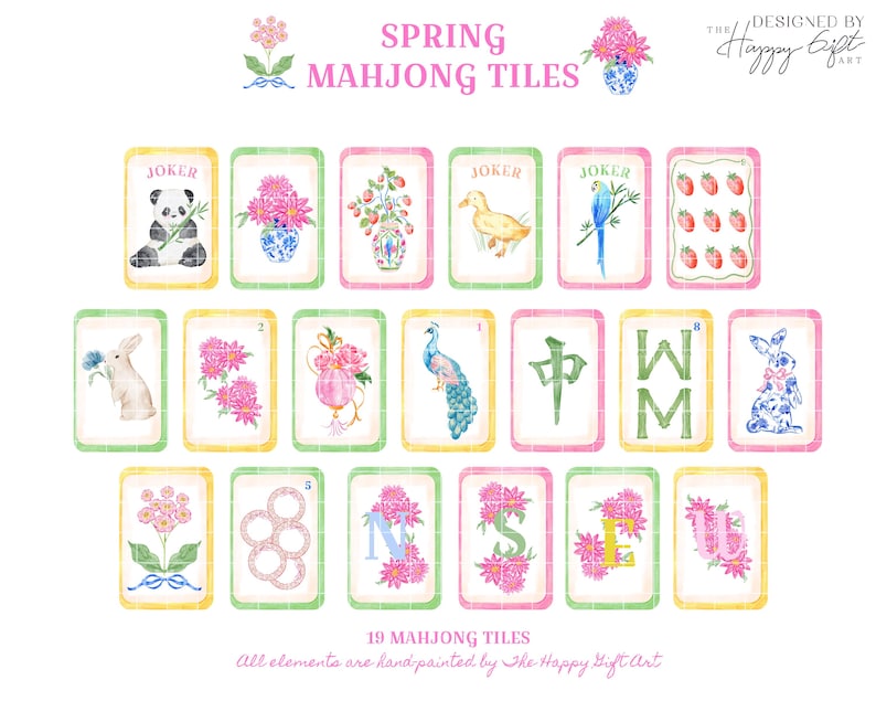 K&ouml;nnte beinhalten: Aquarellillustration von 19 Fr&uuml;hlings-Mahjong-Kacheln. Jede Kachel hat ein einzigartiges Design, darunter ein Panda, Blumen, eine Ente, ein Papagei, Erdbeeren, ein Kaninchen, ein Pfau und die Buchstaben W, M, N, S, E und J. Der Text "SPRING MAHJONG TILES" steht oben.