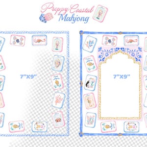 Puede incluir: Dos marcos rectangulares de 7"x9" con tem&aacute;tica Preppy Coastal Mahjong. El marco izquierdo tiene un borde de cuerda azul, mientras que el derecho tiene un borde de bamb&uacute; azul con un borde interior de cuerda dorada, decorados con fichas de Mahjong.