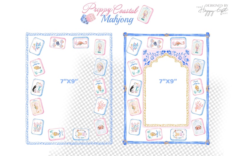 Puede incluir: Dos marcos rectangulares de 7"x9" con tem&aacute;tica Preppy Coastal Mahjong. El marco izquierdo tiene un borde de cuerda azul, mientras que el derecho tiene un borde de bamb&uacute; azul con un borde interior de cuerda dorada, decorados con fichas de Mahjong.