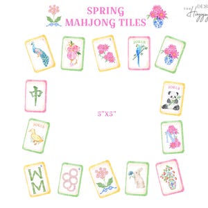 K&ouml;nnte beinhalten: Aquarellillustration von Spring Mahjong-Kacheln. Die Kacheln zeigen Blumen- und Tiermotive, darunter einen Pfau, einen Panda und eine Ente. Der Text "SPRING MAHJONG TILES" steht oben, und die Gr&ouml;&szlig;e betr&auml;gt 12,7 cm x 12,7 cm.