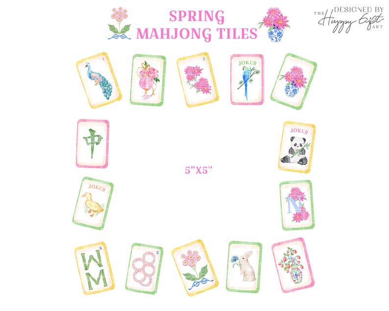 K&ouml;nnte beinhalten: Aquarellillustration von Spring Mahjong-Kacheln. Die Kacheln zeigen Blumen- und Tiermotive, darunter einen Pfau, einen Panda und eine Ente. Der Text "SPRING MAHJONG TILES" steht oben, und die Gr&ouml;&szlig;e betr&auml;gt 12,7 cm x 12,7 cm.