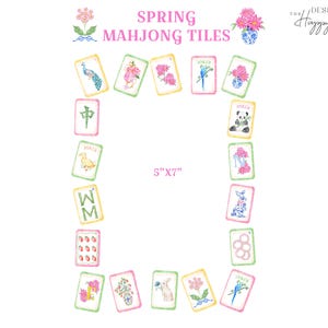K&ouml;nnte beinhalten: Aquarell-Illustration von Fr&uuml;hlings-Mahjong-Steinen. Das Design zeigt verschiedene Spielsteine mit floralen und tierischen Illustrationen, darunter ein Pfau, ein Panda und ein Hase. Der Text "SPRING MAHJONG TILES" wird &uuml;ber den Spielsteinen angezeigt. Die Gr&ouml;&szlig;e betr&auml;gt 12,7 cm x 17,8 cm.