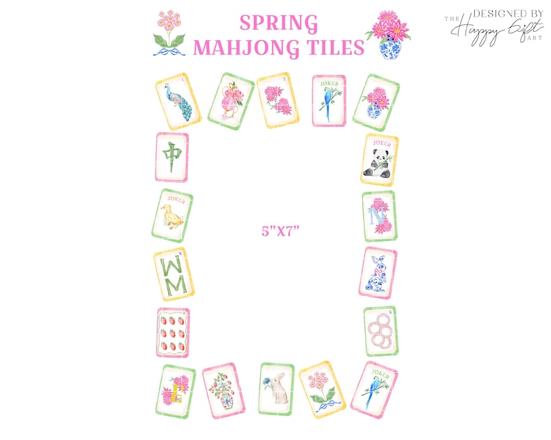 K&ouml;nnte beinhalten: Aquarell-Illustration von Fr&uuml;hlings-Mahjong-Steinen. Das Design zeigt verschiedene Spielsteine mit floralen und tierischen Illustrationen, darunter ein Pfau, ein Panda und ein Hase. Der Text "SPRING MAHJONG TILES" wird &uuml;ber den Spielsteinen angezeigt. Die Gr&ouml;&szlig;e betr&auml;gt 12,7 cm x 17,8 cm.