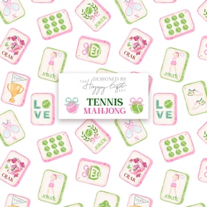 May include: Watercolor pattern of tennis-themed Mahjong tiles in pink and green. The tiles feature tennis balls, rackets, and floral designs. Some tiles have the word "Joker" and "Crak". The design includes the text "Tennis Mahjong".