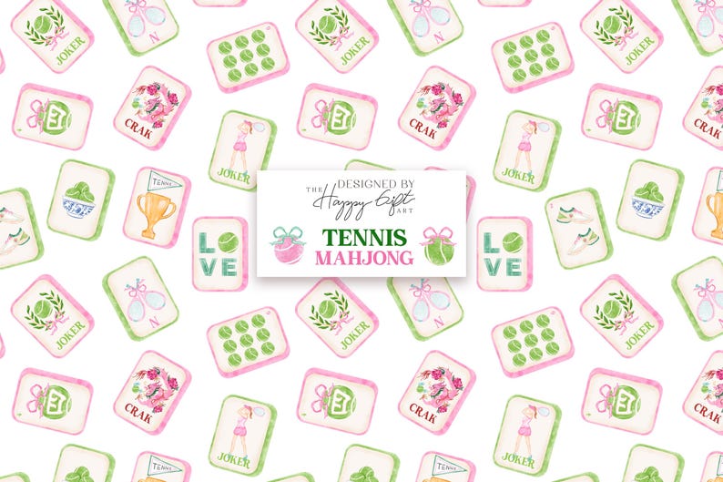 May include: Watercolor pattern of tennis-themed Mahjong tiles in pink and green. The tiles feature tennis balls, rackets, and floral designs. Some tiles have the word "Joker" and "Crak". The design includes the text "Tennis Mahjong".