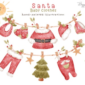 Clipart de ropa de bebé de Papá Noel, clipart de acuarela navideña, clipart de Navidad para baby shower, clipart de ropa de bebé U00203
