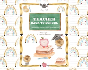 Teacher back to school watercolor clip arts Teacher vintage clip arts Back to school patterns Watercolor DIY  School digital papers U00234