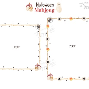 May include: Watercolor illustration of two Halloween-themed Mahjong game boards. One is 8"x8" and the other is 7"x9". The borders are decorated with spiders, candy corn, eyeballs, skulls, and stars. The words "Halloween Mahjong" are at the top.
