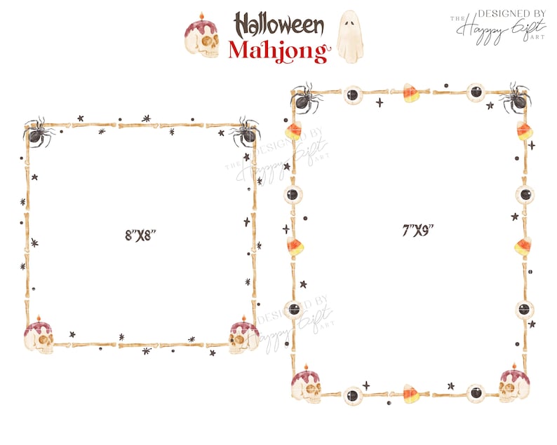 May include: Watercolor illustration of two Halloween-themed Mahjong game boards. One is 8"x8" and the other is 7"x9". The borders are decorated with spiders, candy corn, eyeballs, skulls, and stars. The words "Halloween Mahjong" are at the top.