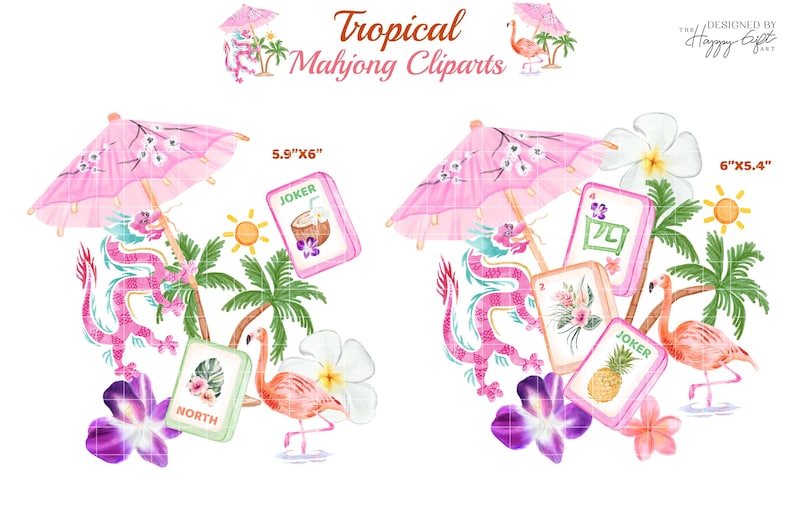Tropical Mahjong Cliparts - Palm Spring Mahjong Clipart - Summer Mahjong Party - American Mahjong Tiles Digital download image 6